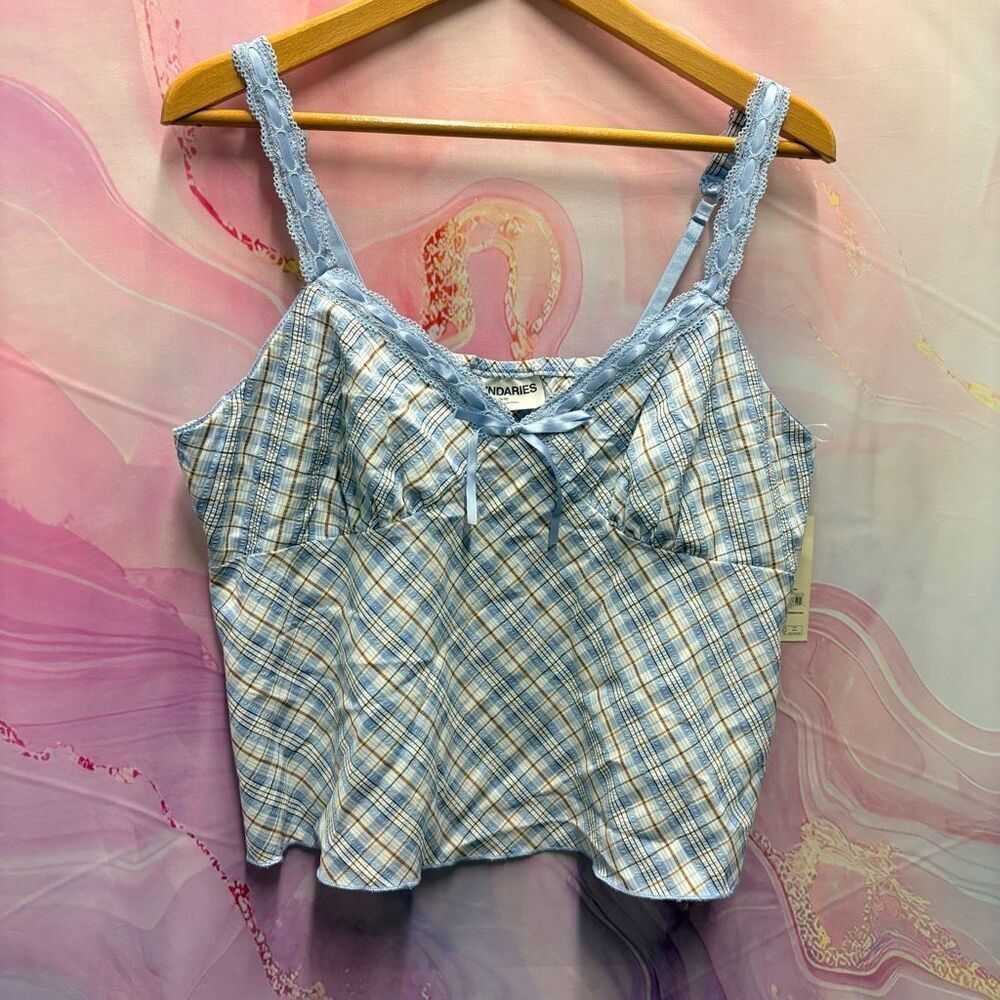 No boundaries XL Light Blue Plaid Babydoll Tank Top Romantic Retro Chic Boho Y2K